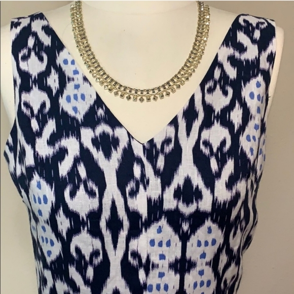 Lovely GAP Fit & Flare 100%Linen Blue & White Geometric Dress - Picture 4 of 12